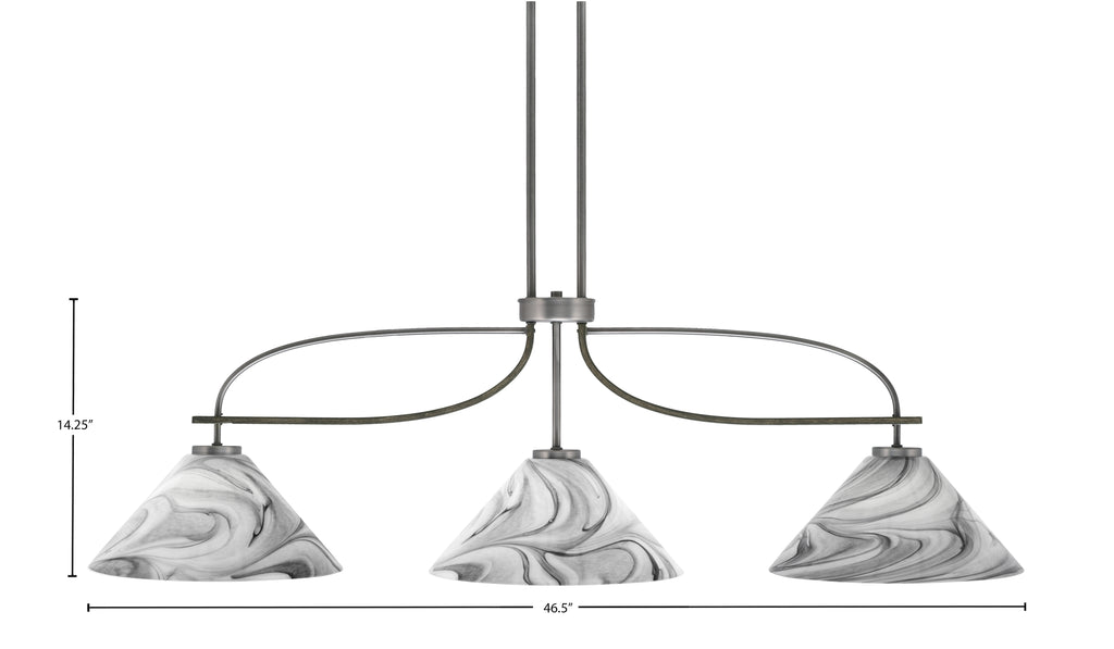 Monterey Three Light Island Pendant in Graphite & Painted Distressed Wood-look Metal with 12" Onyx Swirl Shade