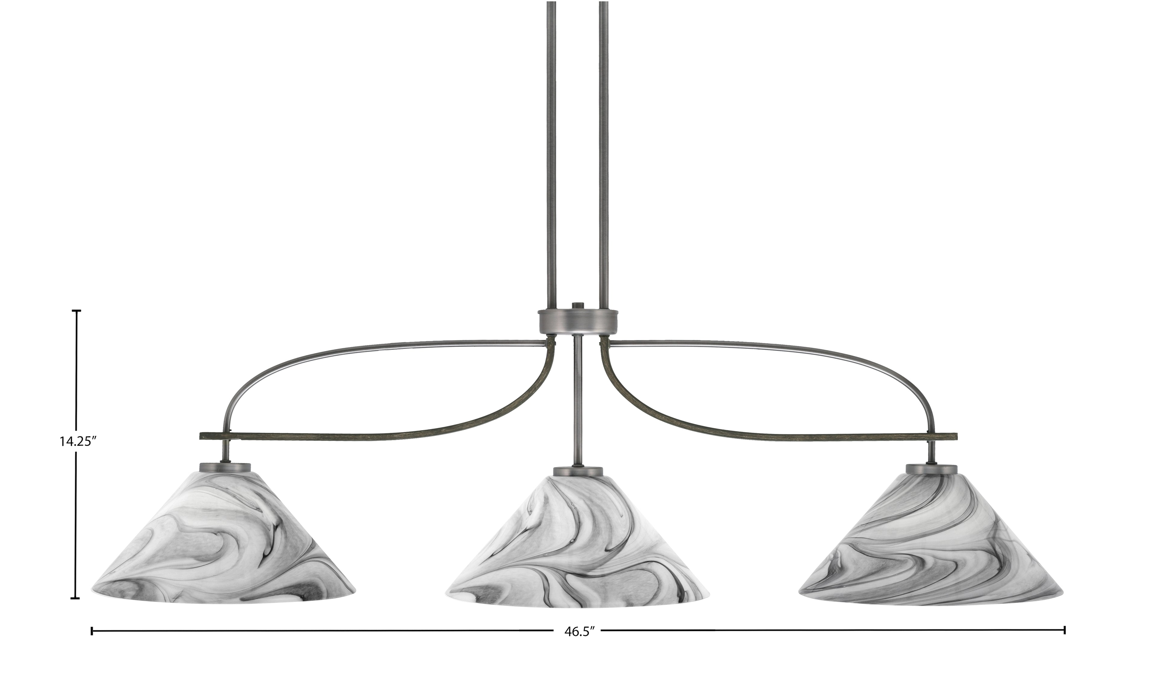 Monterey Three Light Island Pendant in Graphite & Painted Distressed Wood-look Metal with 12" Onyx Swirl Shade