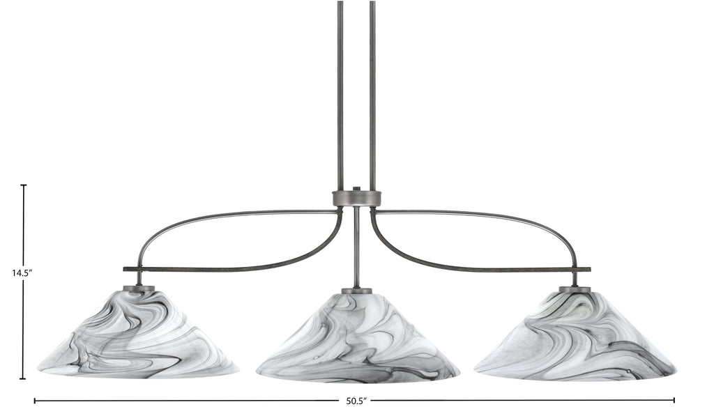 Monterey Three Light Island Pendant in Graphite & Painted Distressed Wood-look Metal with 16" Onyx Swirl Shade