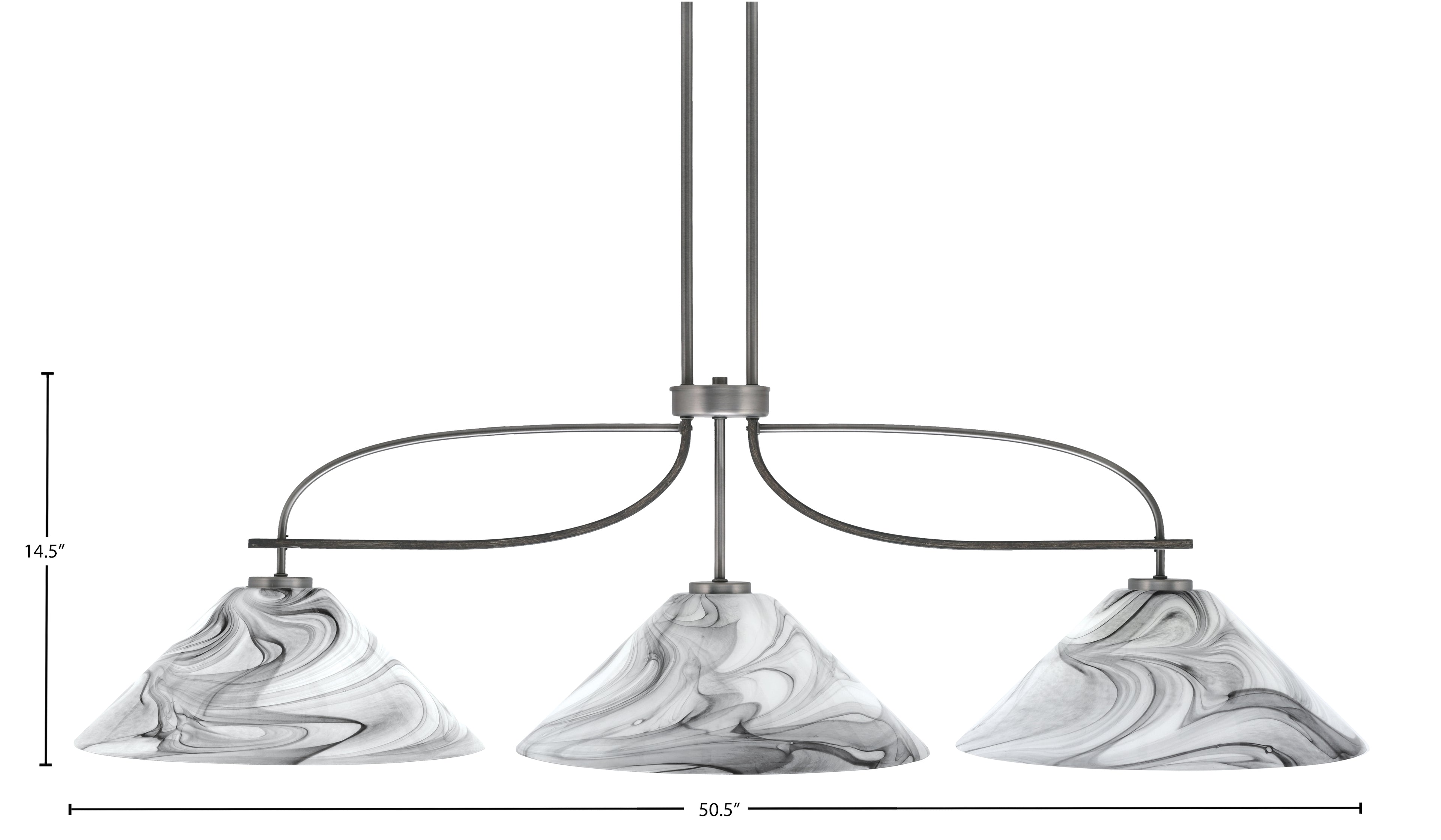 Monterey Three Light Island Pendant in Graphite & Painted Distressed Wood-look Metal with 16" Onyx Swirl Shade