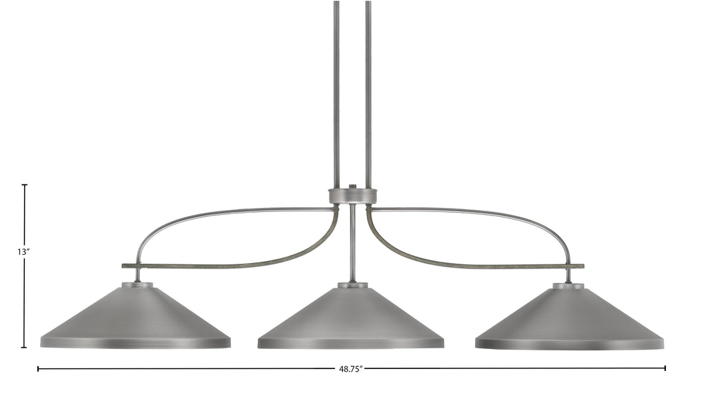 Monterey Three Light Bar in Graphite & Painted Distressed Wood-look Metal with 14" Graphite Cone Metal Shade Shade