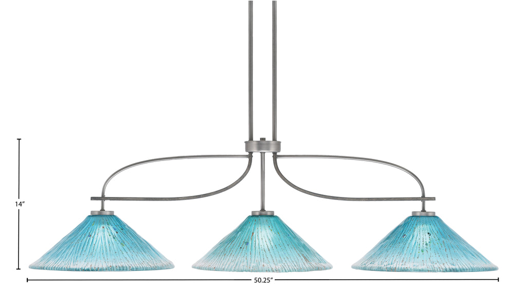 Monterey Three Light Bar in Graphite & Painted Distressed Wood-look Metal with 16" Teal Crystal Shade