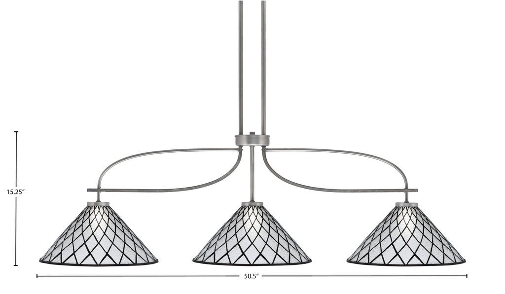 Monterey Three Light Bar in Graphite & Painted Distressed Wood-look Metal with 16" Diamond Ice Art Glass Shade