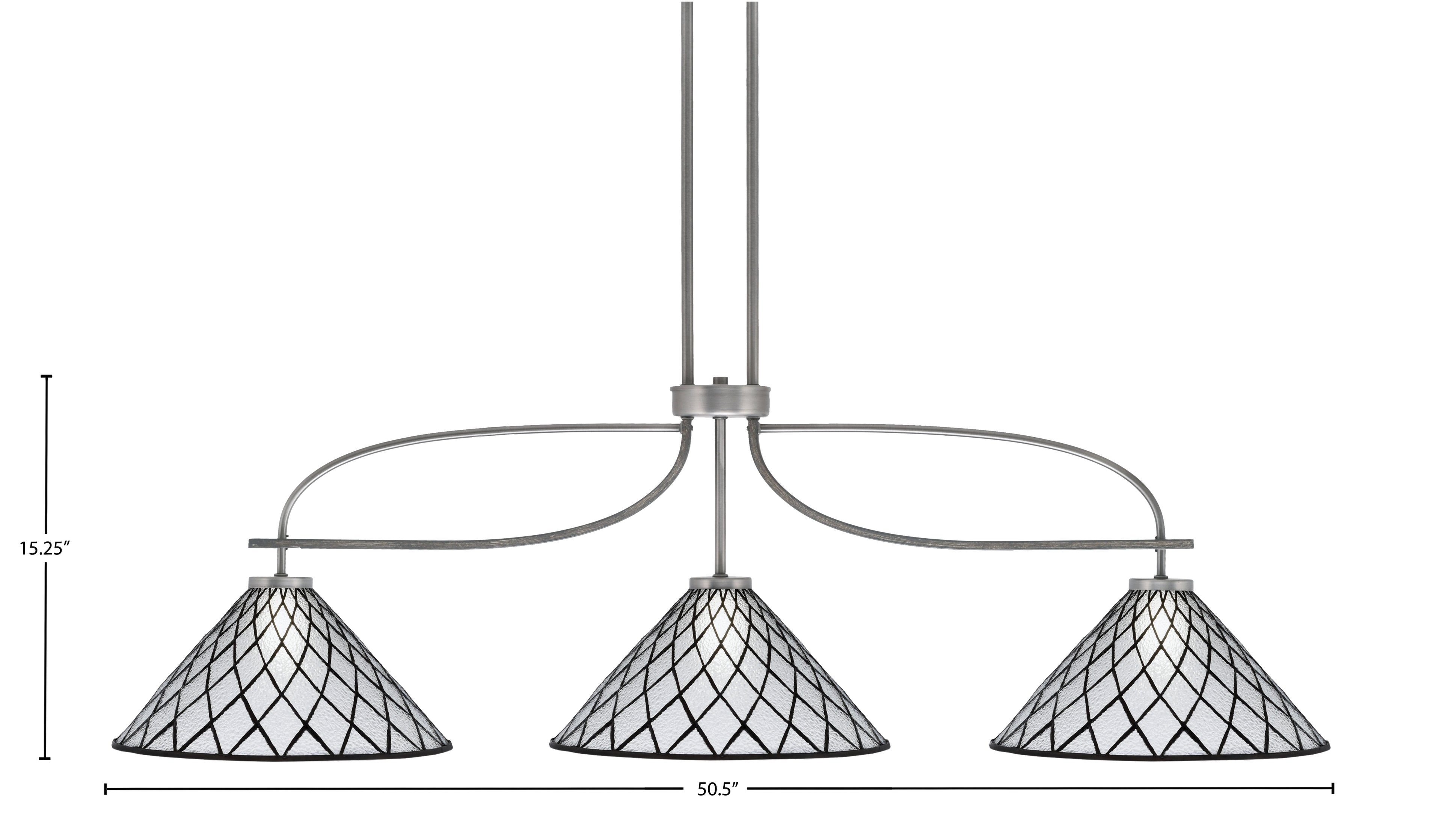 Monterey Three Light Bar in Graphite & Painted Distressed Wood-look Metal with 16" Diamond Ice Art Glass Shade