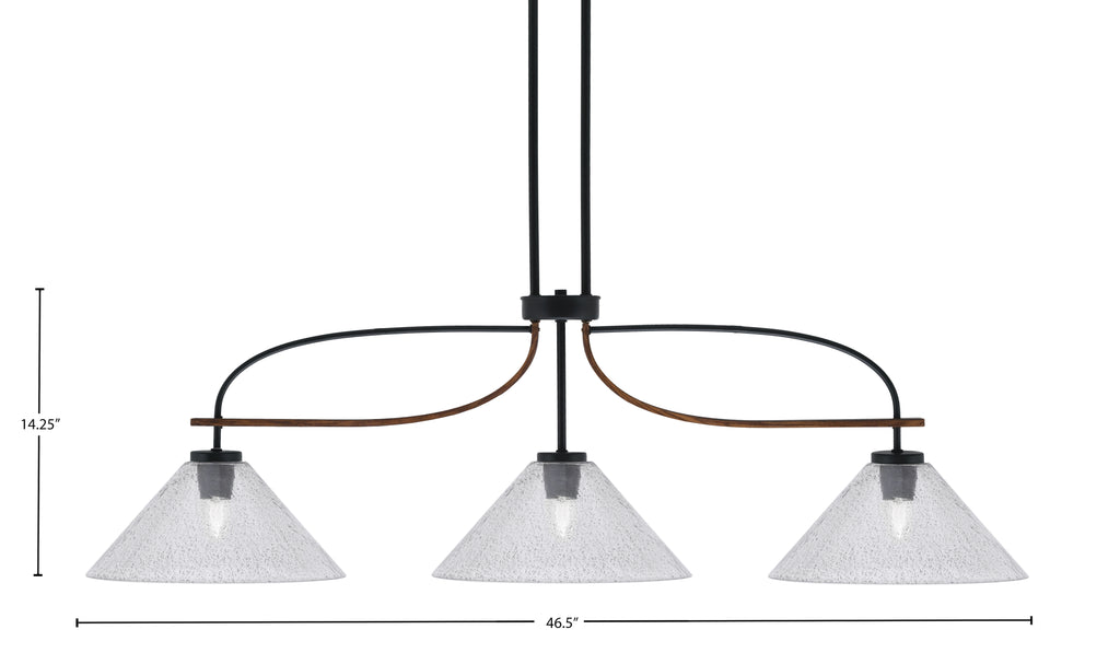 Monterey Three Light Island Pendant in Matte Black & Painted Wood-look Metal with 12" Smoke Bubble Shade