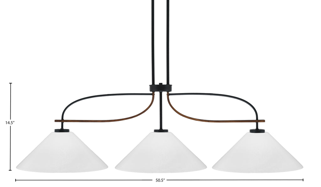 Monterey Three Light Island Pendant in Matte Black & Painted Wood-look Metal with 16" White Marble Shade