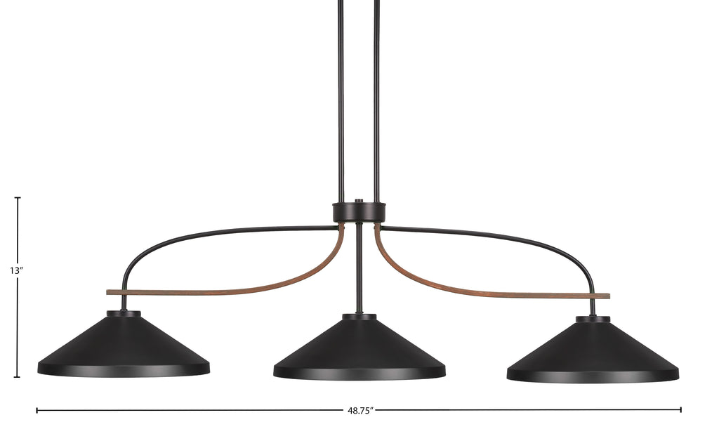 Monterey Three Light Bar in Matte Black & Painted Wood-look Metal with 14" Matte Black Cone Metal Shade Shade