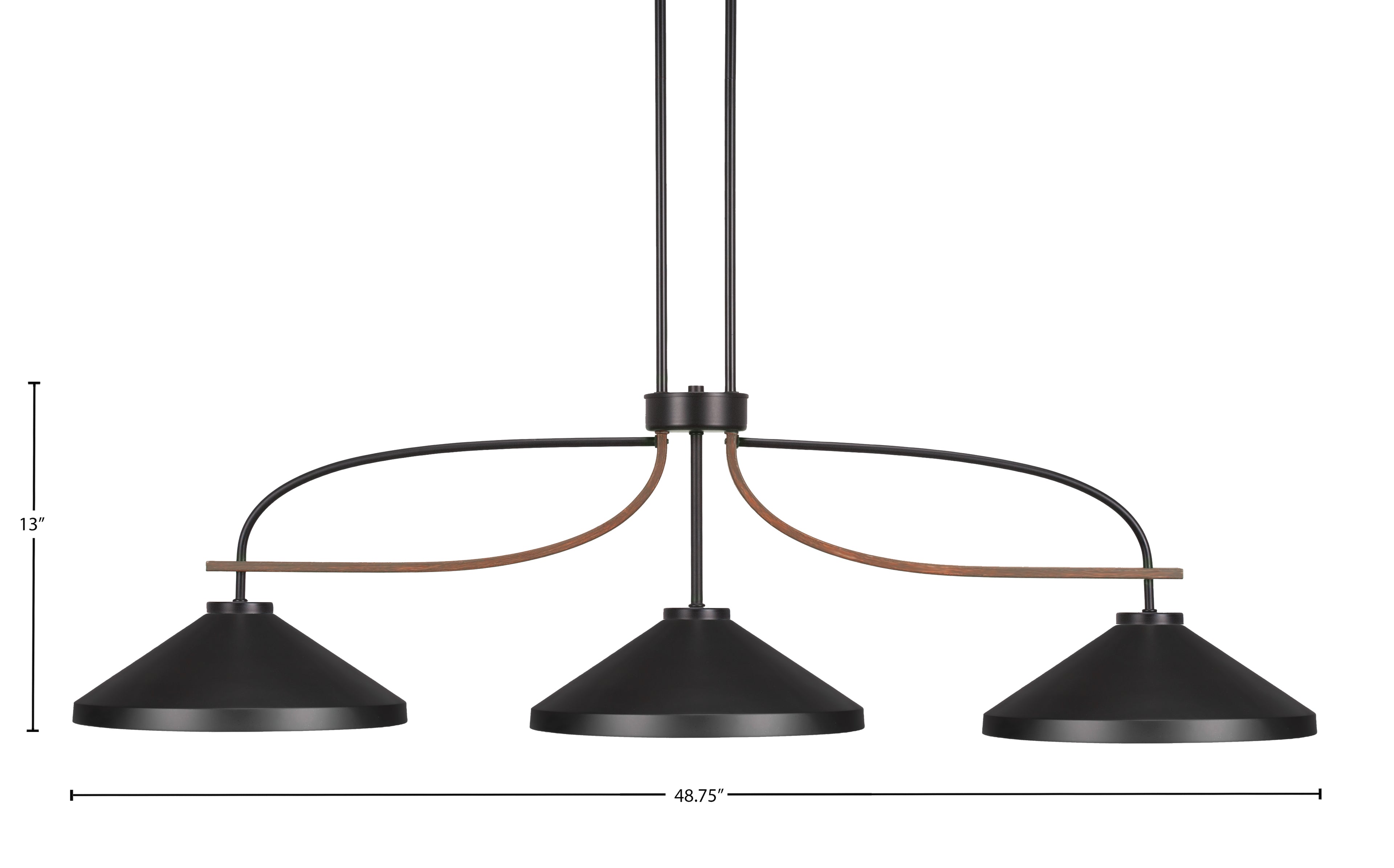 Monterey Three Light Bar in Matte Black & Painted Wood-look Metal with 14" Matte Black Cone Metal Shade Shade