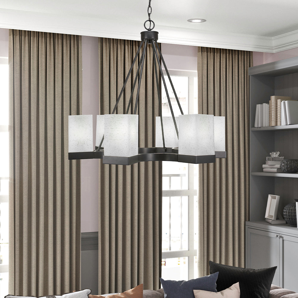 Nouvelle Six Light Chandelier in Espresso with 4" Square White Muslin Shade