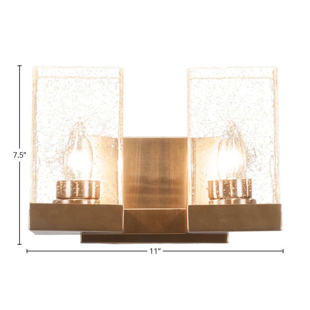 Nouvelle Two Light Bath Bar in New Age Brass with 4" Square Clear Bubble Shade