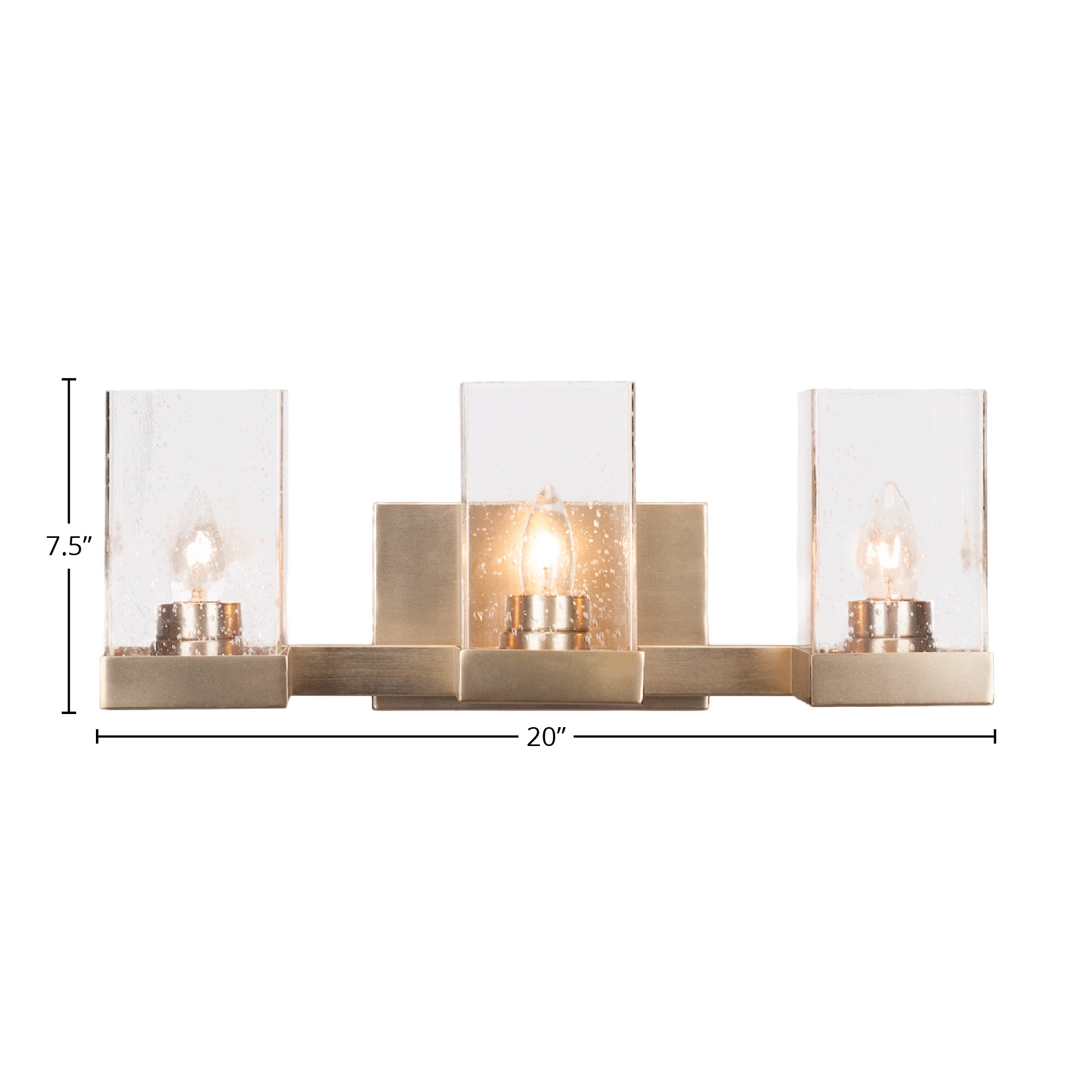 Nouvelle Three Light Bath Bar in New Age Brass with 4" Square Clear Bubble Shade