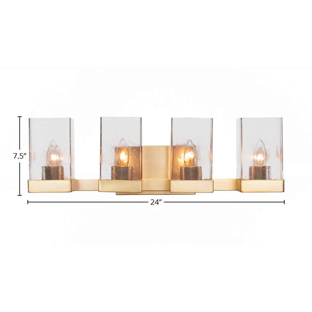 Nouvelle Four Light Bath Bar in New Age Brass with 4" Square Clear Bubble Shade