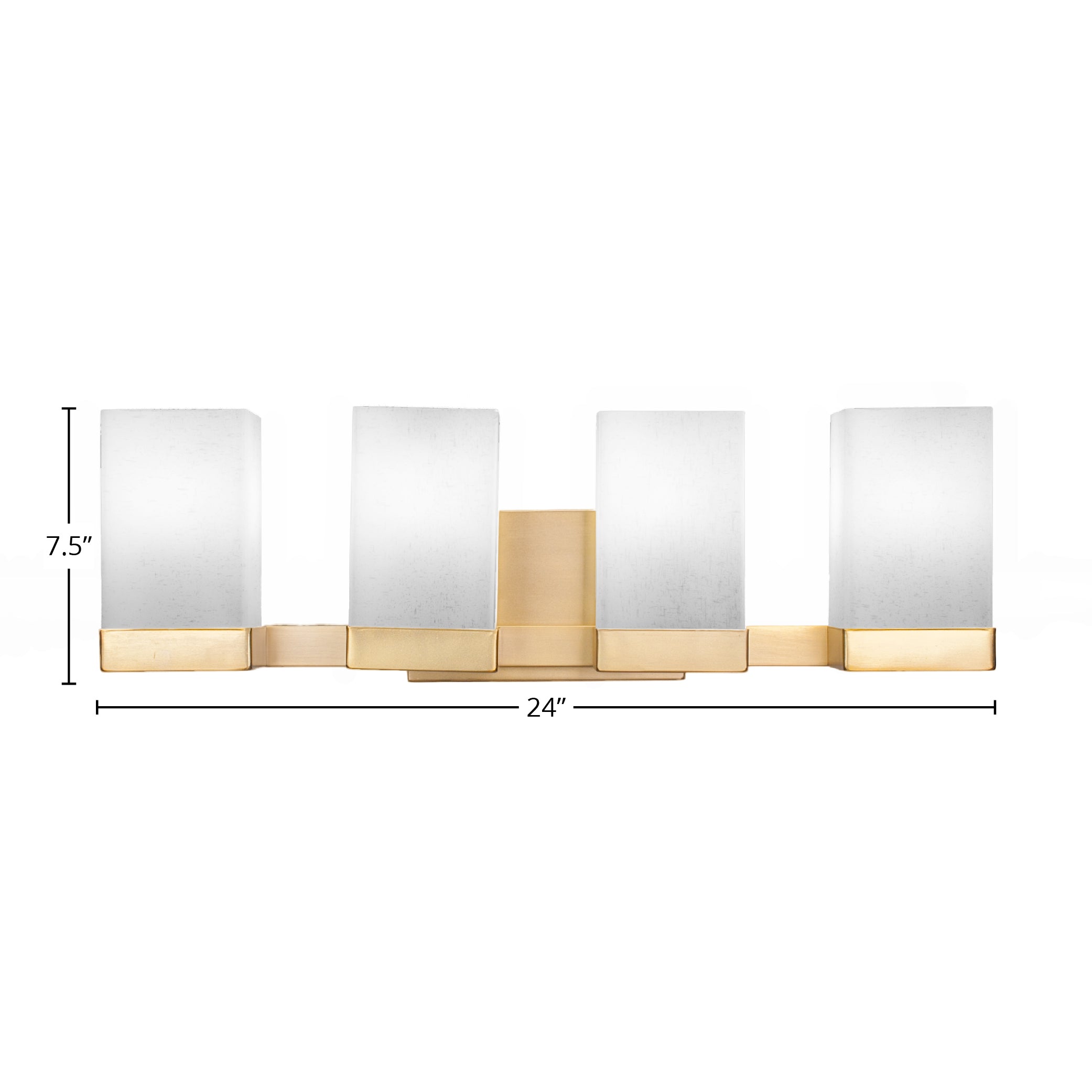 Nouvelle Four Light Bath Bar in New Age Brass with 4" Square White Muslin Shade