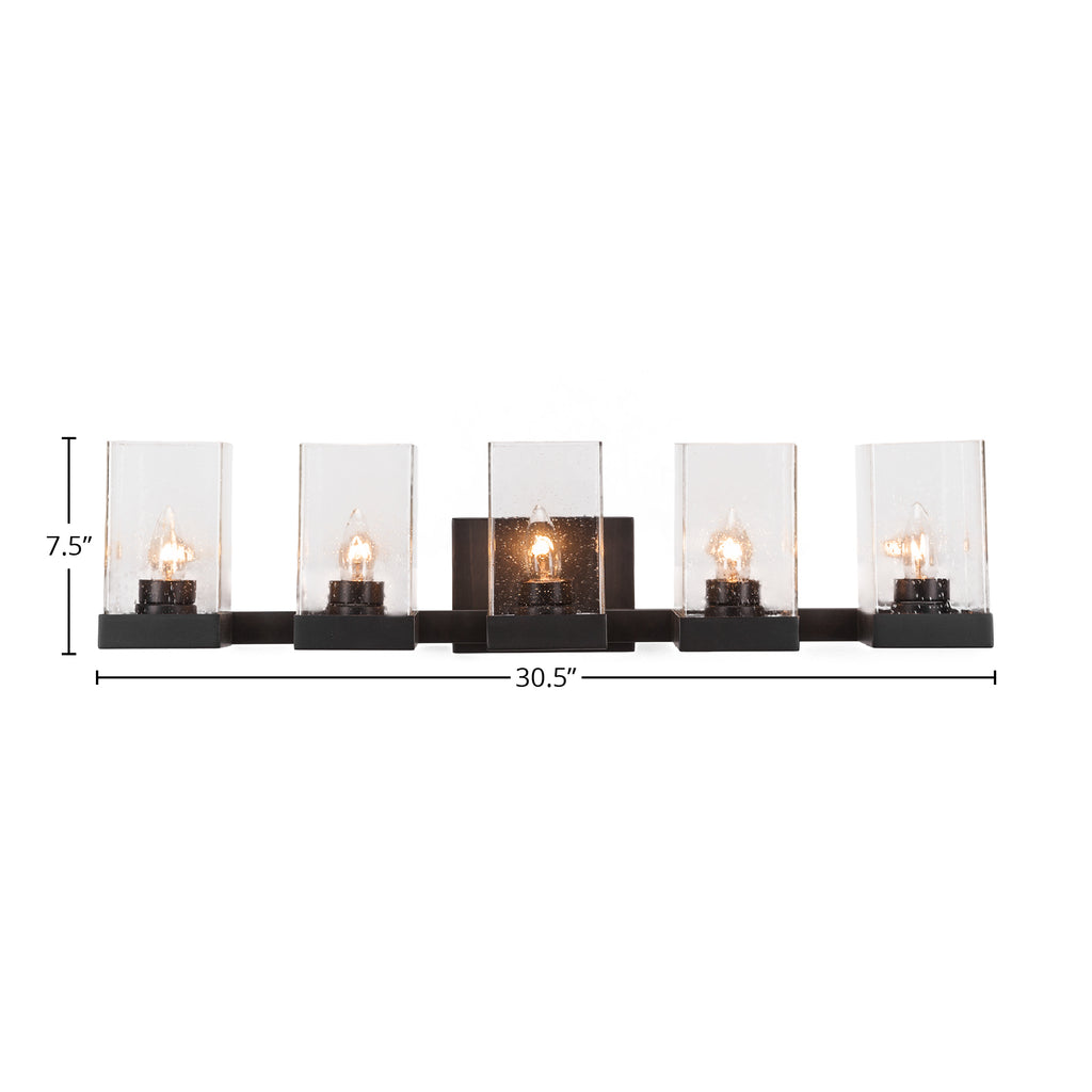 Nouvelle Five Light Bath Bar in Espresso with 4" Square Clear Bubble Shade
