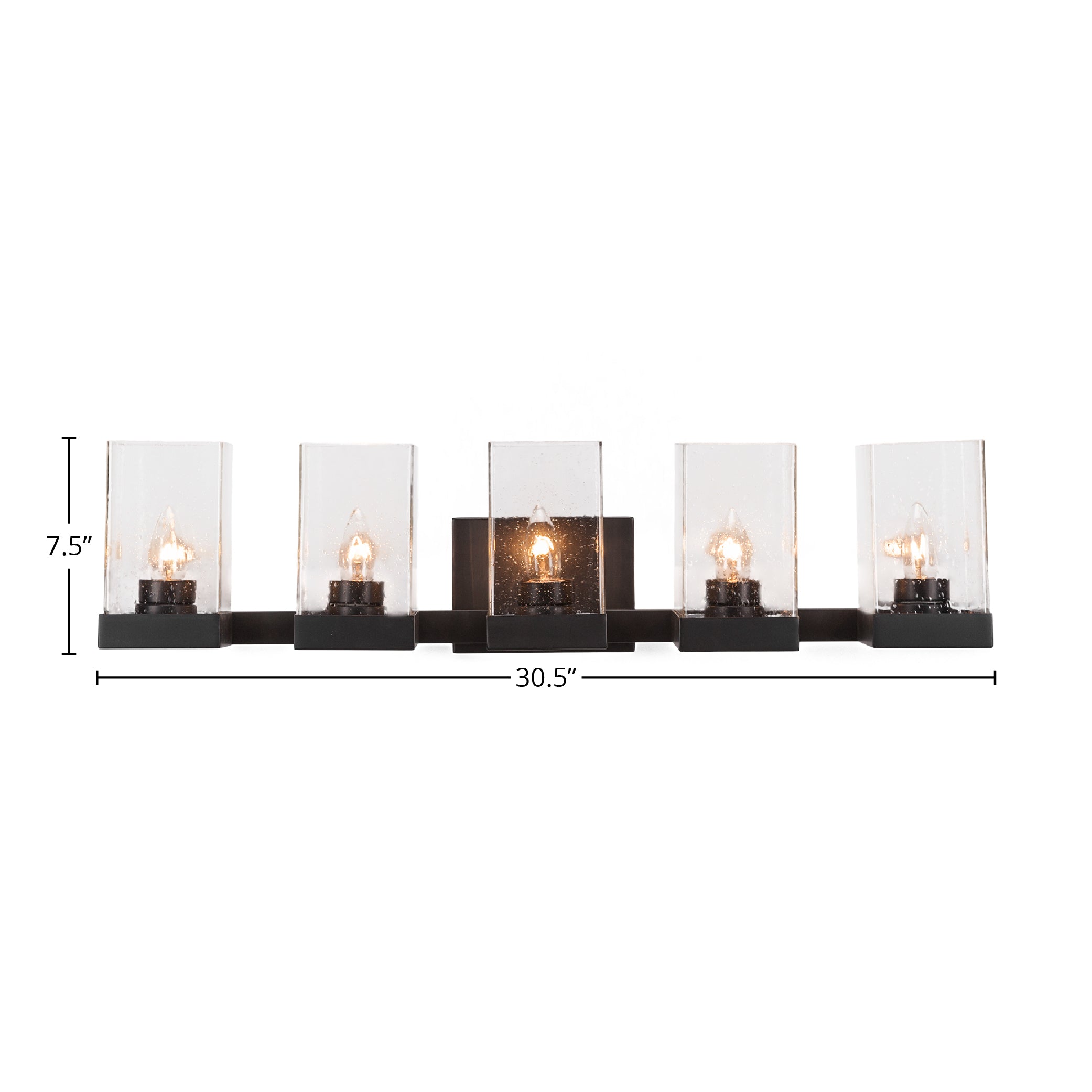 Nouvelle Five Light Bath Bar in Espresso with 4" Square Clear Bubble Shade