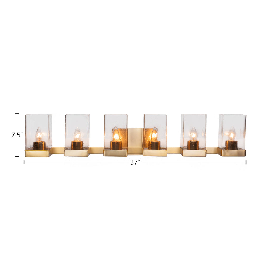 Nouvelle Six Light Bath Bar in New Age Brass with 4" Square Clear Bubble Shade