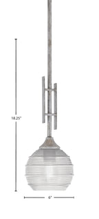 Uptowne One Light Mini Pendant in Aged Silver with 6" Clear Ribbed Shade