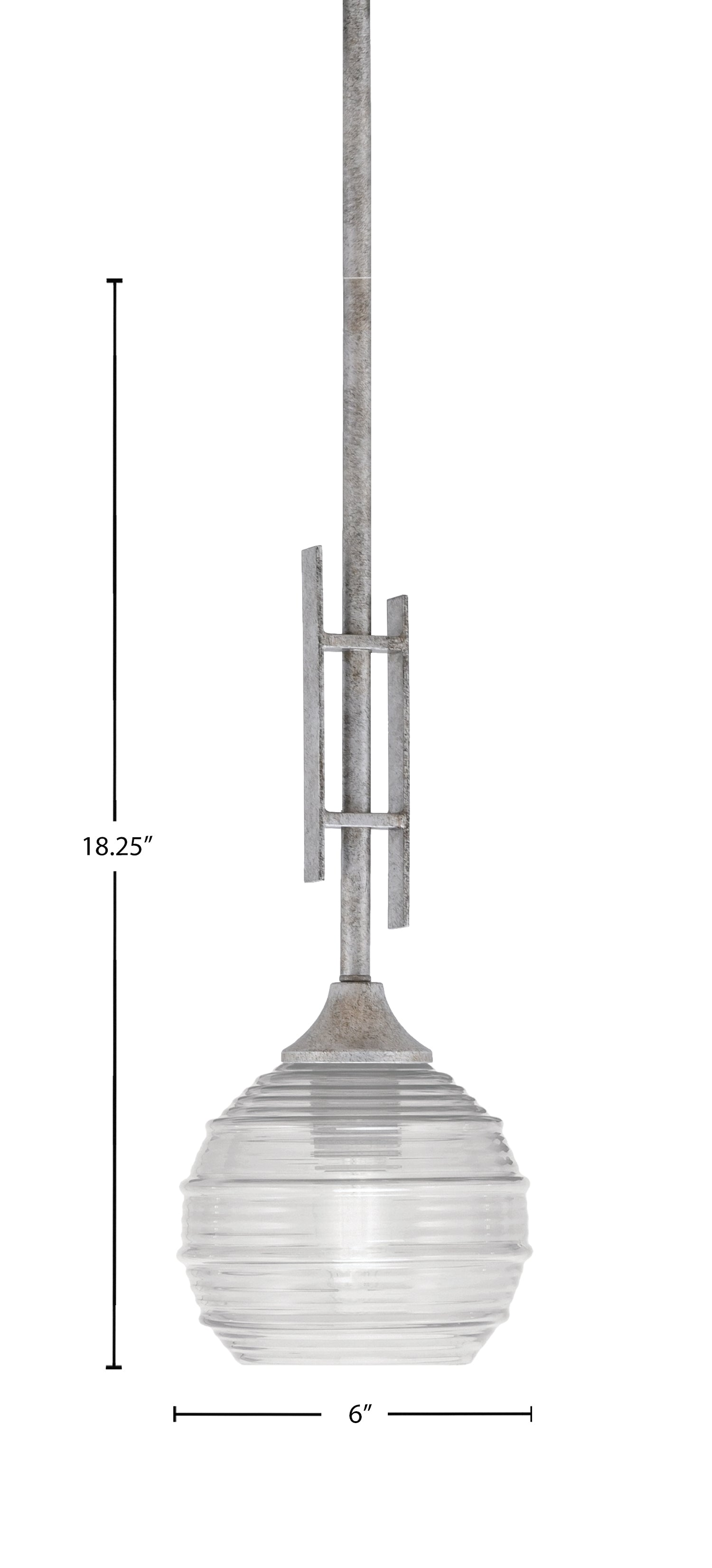 Uptowne One Light Mini Pendant in Aged Silver with 6" Clear Ribbed Shade
