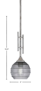 Uptowne One Light Mini Pendant in Aged Silver with 6" Smoke Ribbed Shade