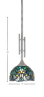 Uptowne One Light Mini Pendant in Aged Silver with 7" Turquoise Cypress Art Glass Shade