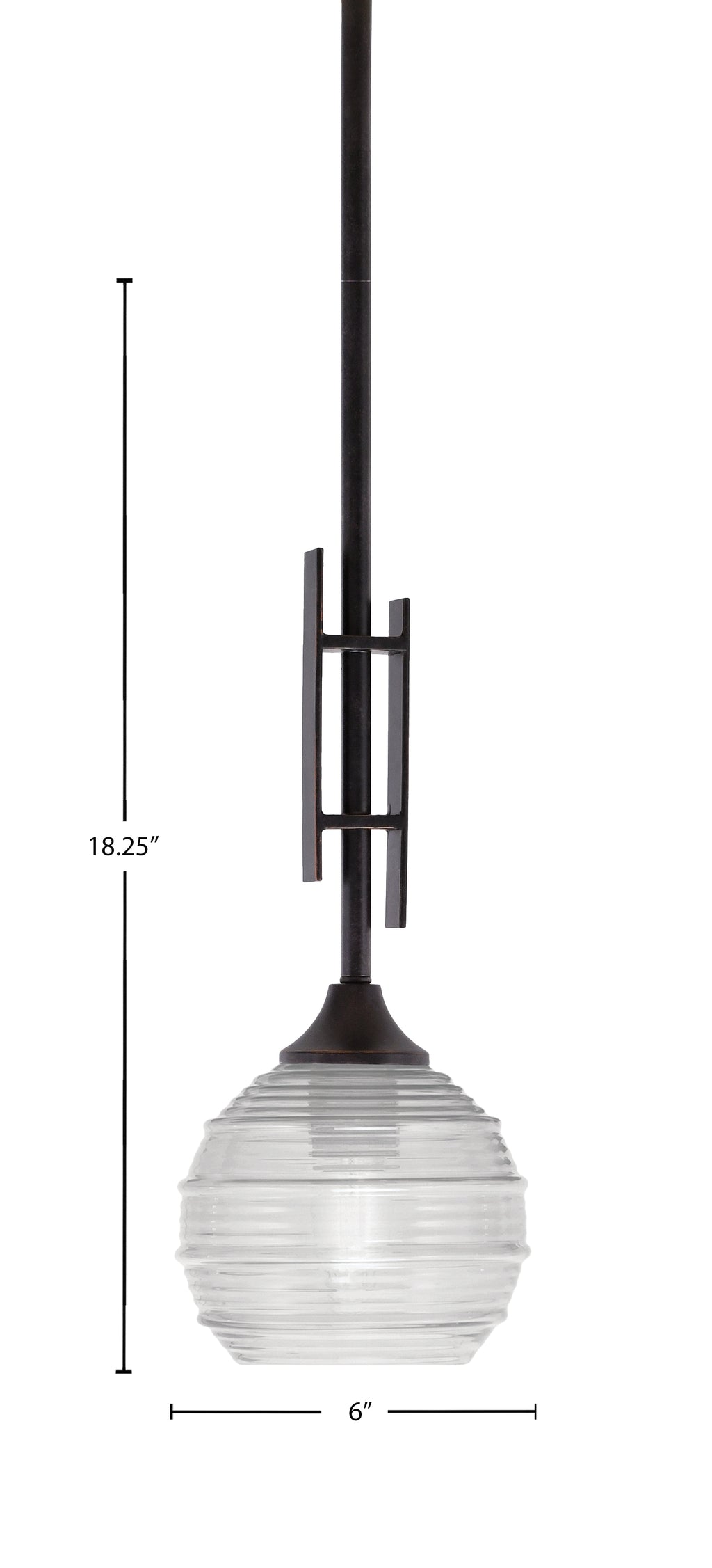 Uptowne One Light Mini Pendant in Dark Granite with 6" Clear Ribbed Shade