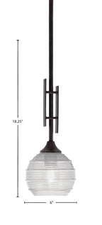 Uptowne One Light Mini Pendant in Dark Granite with 6" Clear Ribbed Shade