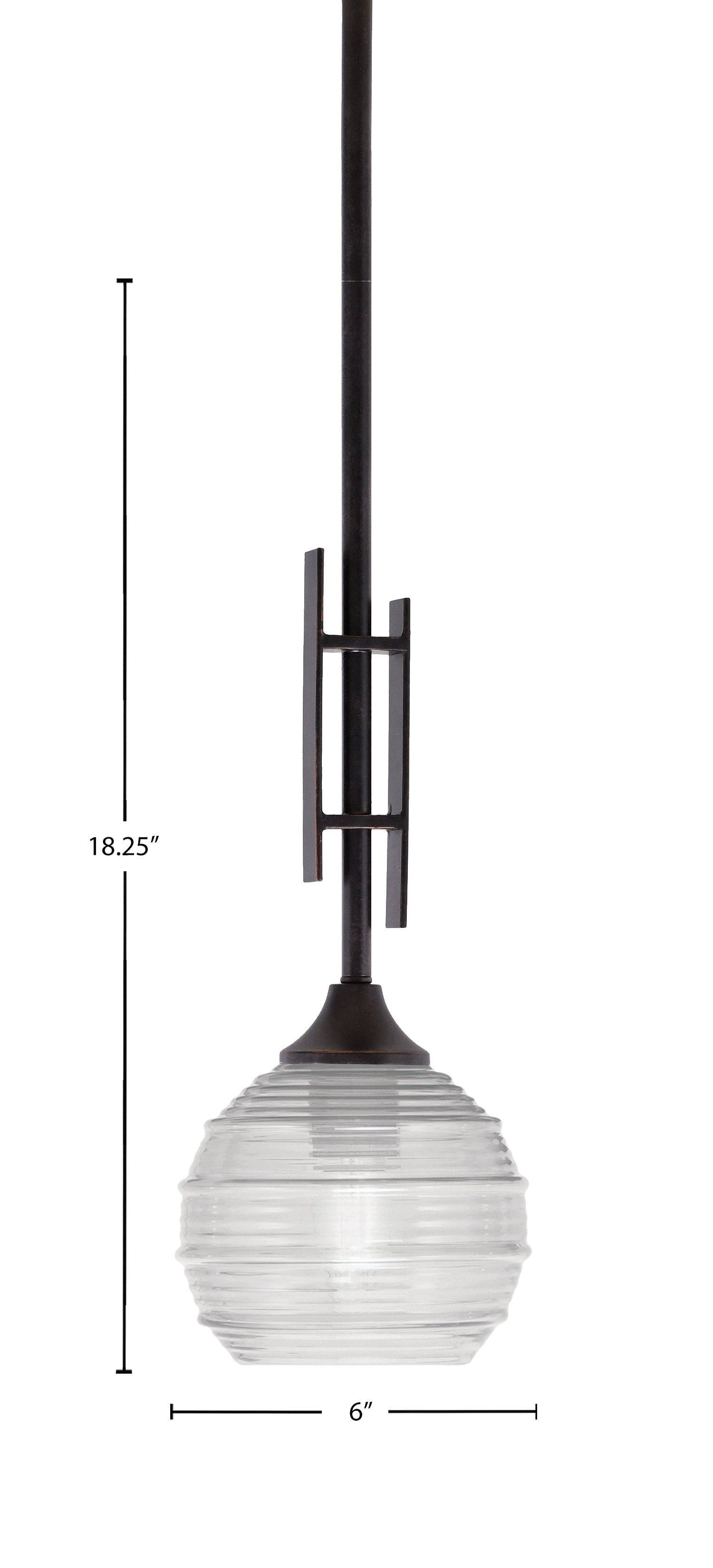 Uptowne One Light Mini Pendant in Dark Granite with 6" Clear Ribbed Shade