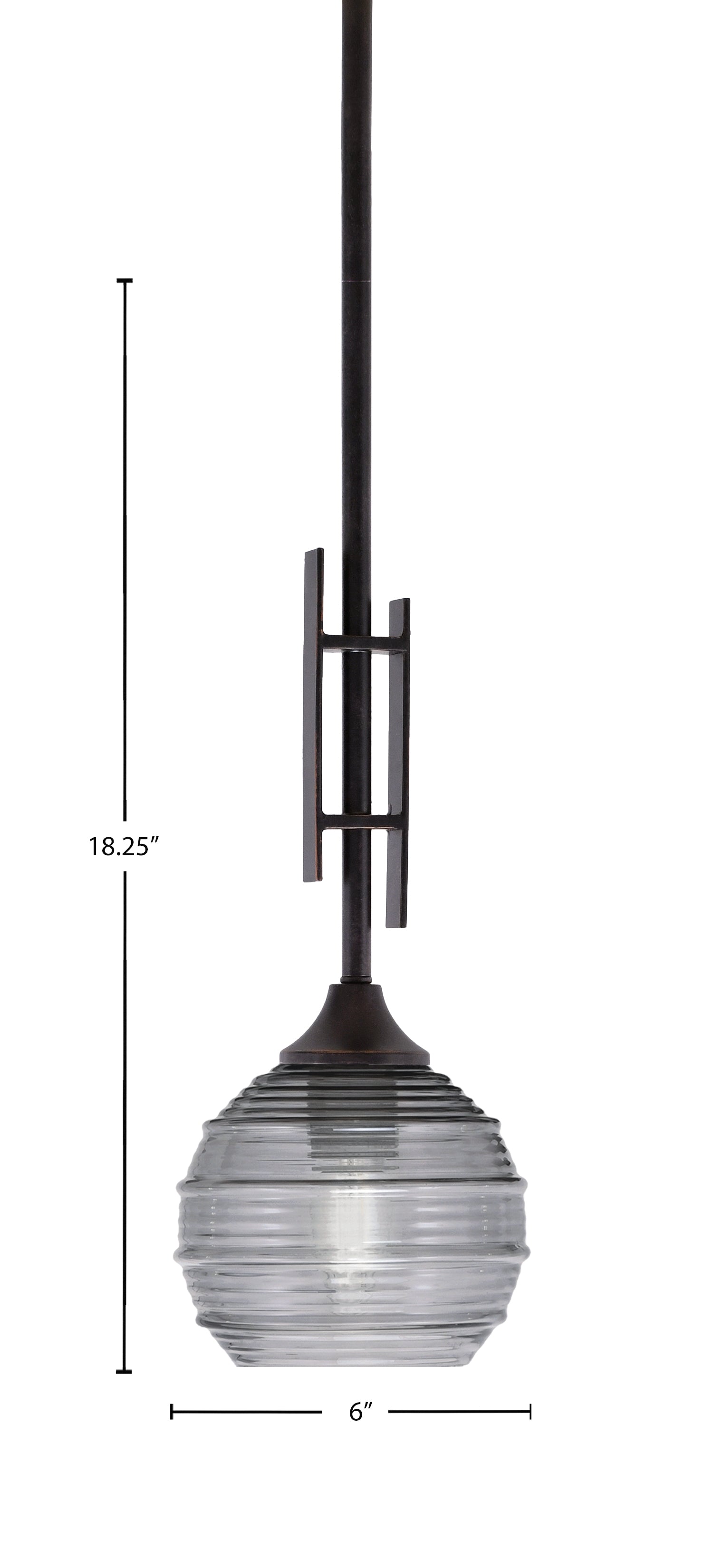 Uptowne One Light Mini Pendant in Dark Granite with 6" Smoke Ribbed Shade