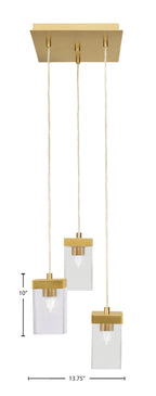 Nouvelle Three Light Cluster Pendalier in New Age Brass with 4" Square Clear Bubble Shade