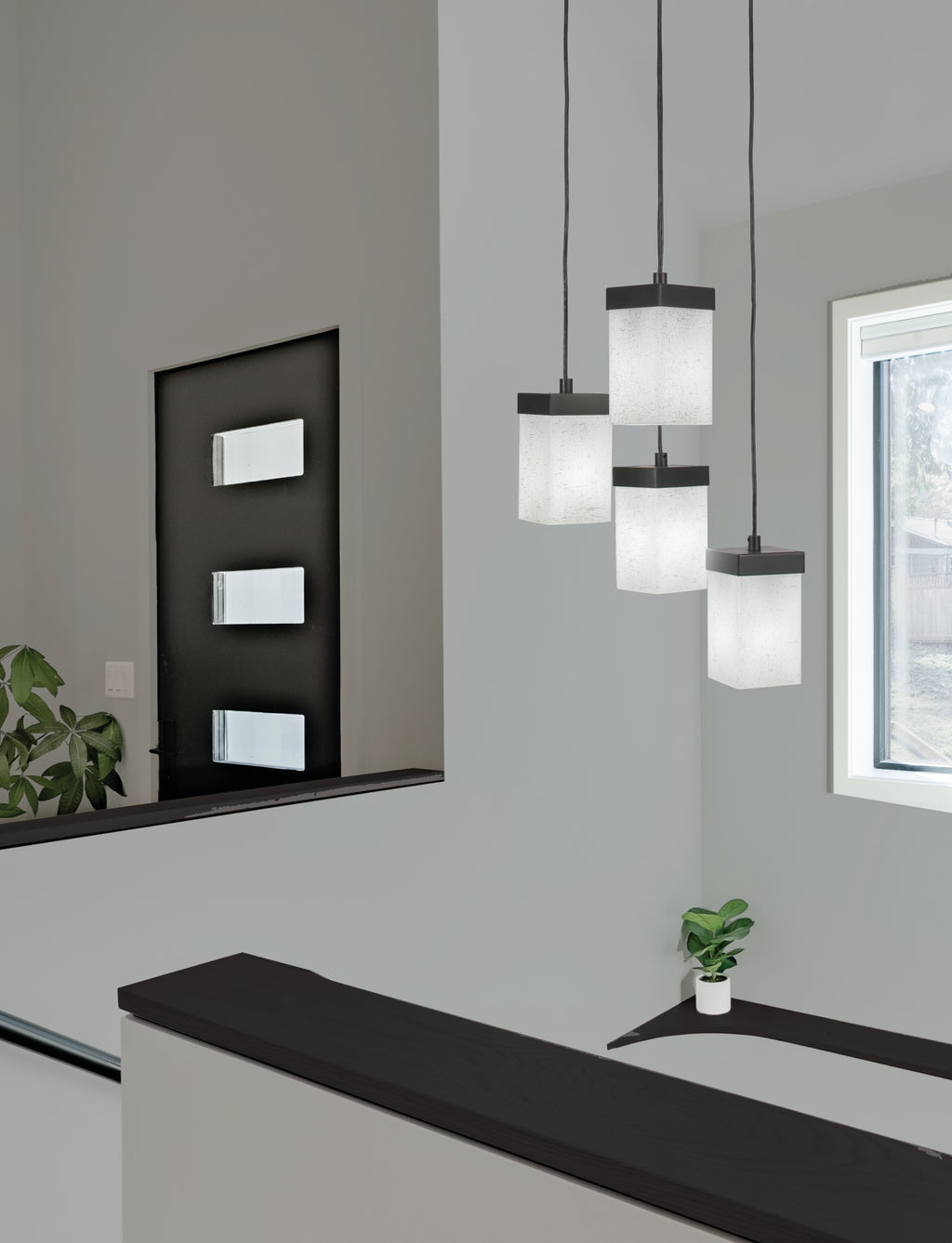 Nouvelle Four Light Cluster Pendalier in Espresso with 4" Square White Muslin Shade