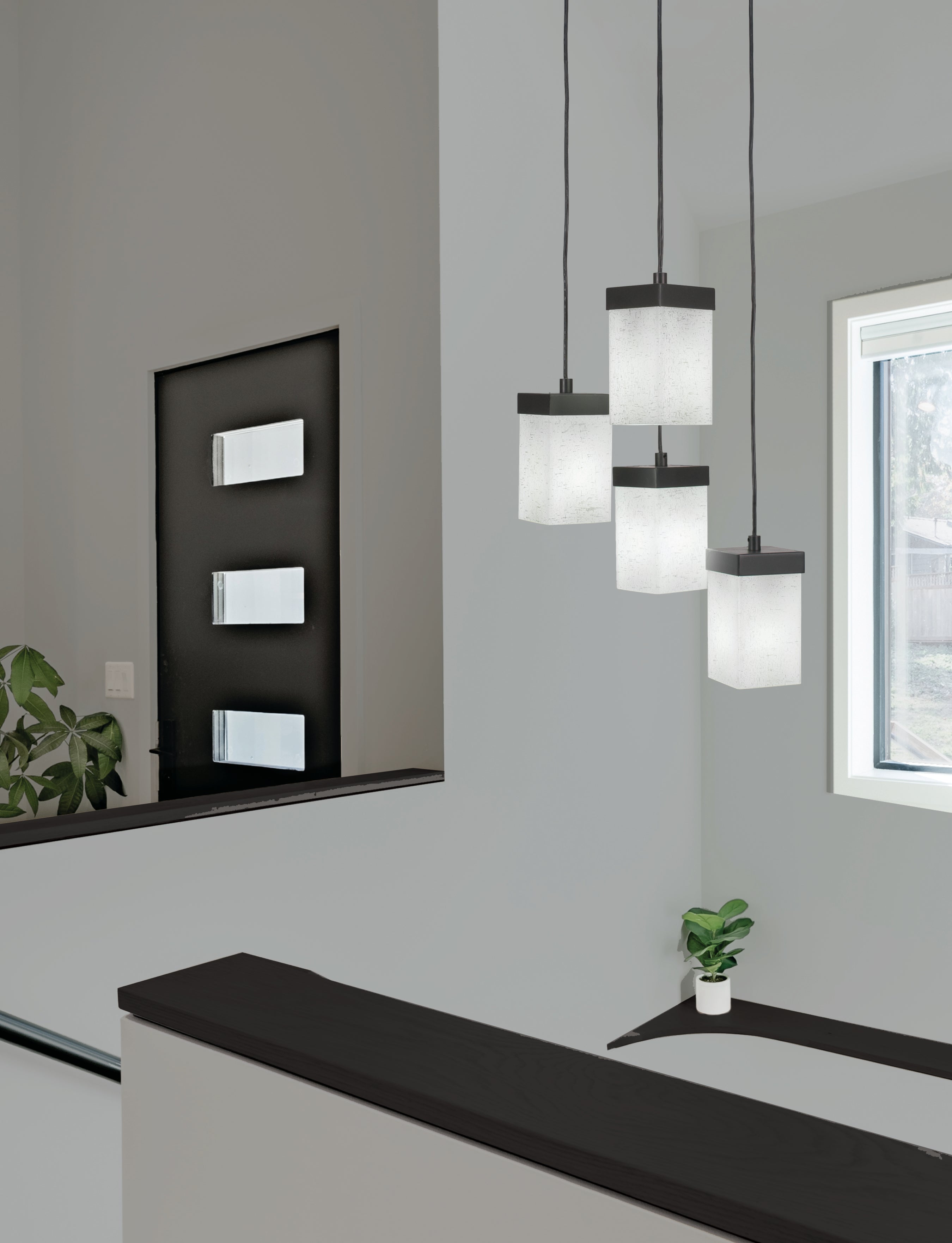 Nouvelle Four Light Cluster Pendalier in Espresso with 4" Square White Muslin Shade