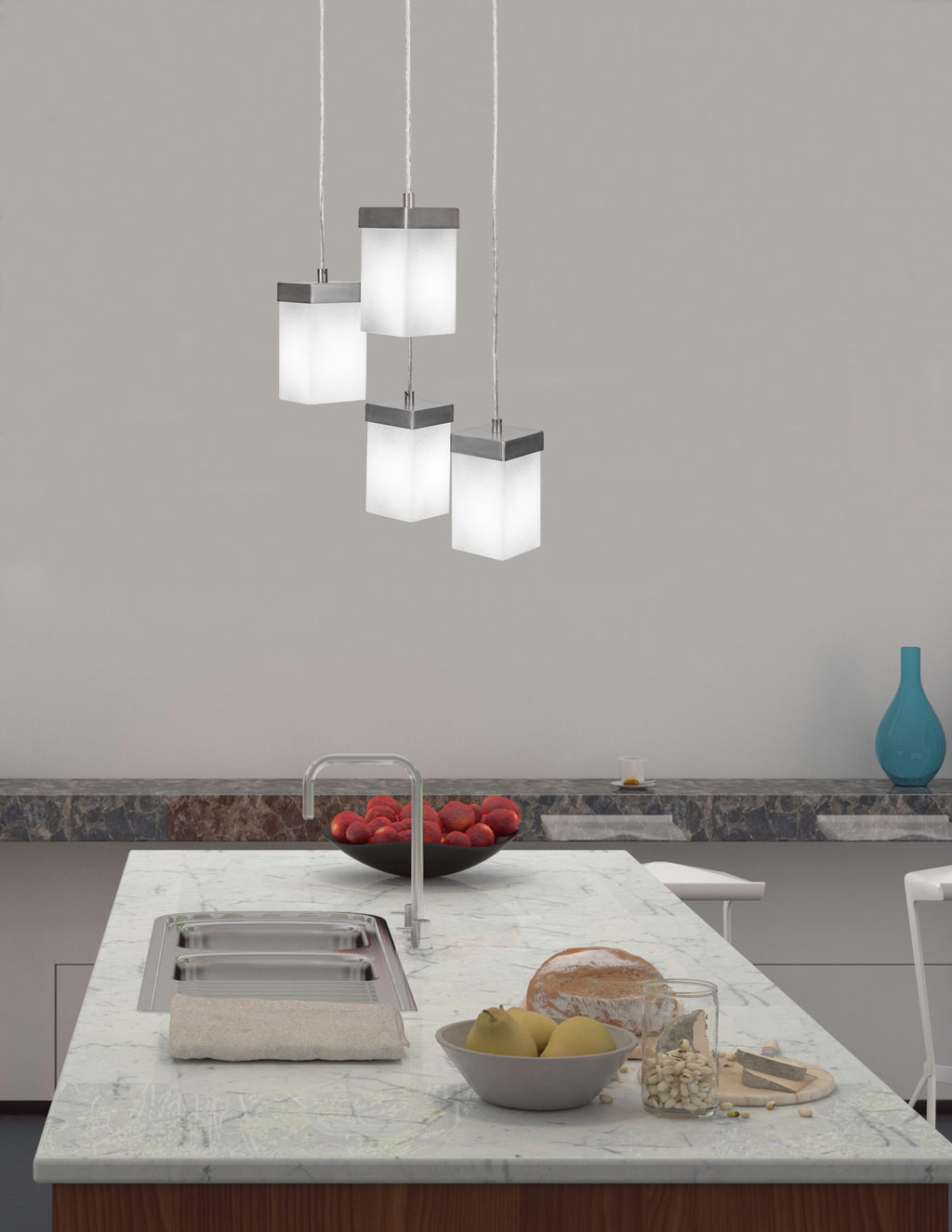 Nouvelle Four Light Cluster Pendalier in Graphite with 4" Square White Muslin Shade