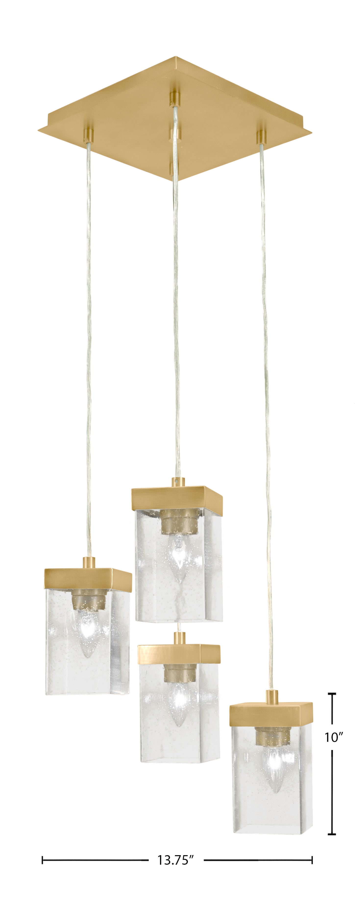Nouvelle Four Light Pendalier in New Age Brass with 4" Square Clear Bubble Shade