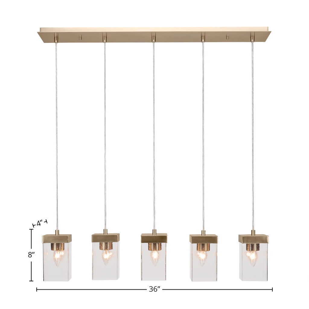 Nouvelle Five Light Linear Pendalier in New Age Brass with 4" Square Clear Bubble Shade