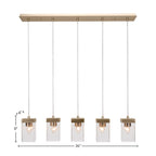 Nouvelle Five Light Linear Pendalier in New Age Brass with 4" Square Clear Bubble Shade