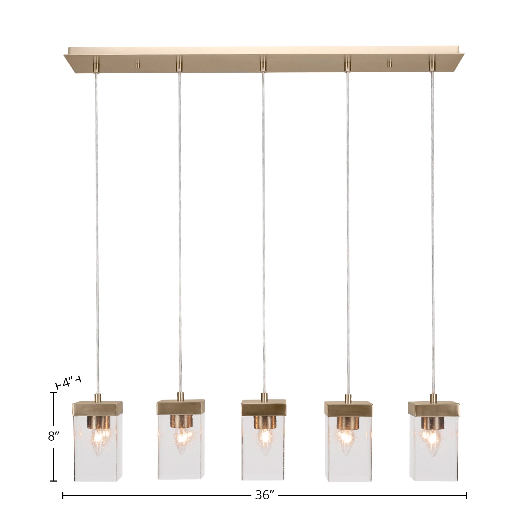 Nouvelle Five Light Linear Pendalier in New Age Brass with 4" Square Clear Bubble Shade