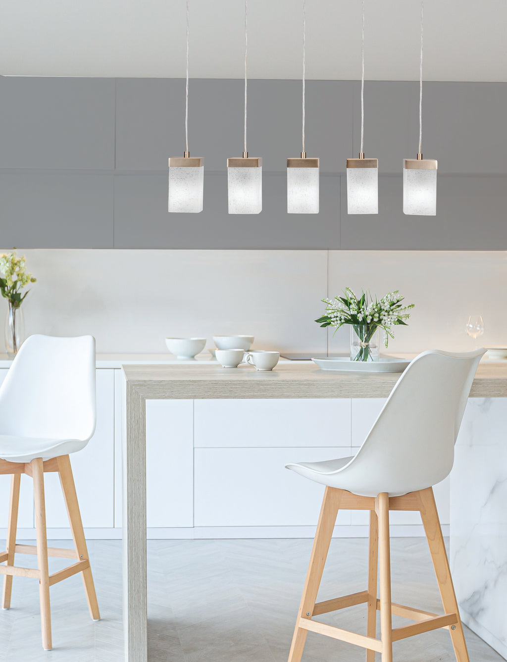 Nouvelle Five Light Linear Pendalier in New Age Brass with 4" Square White Muslin Shade