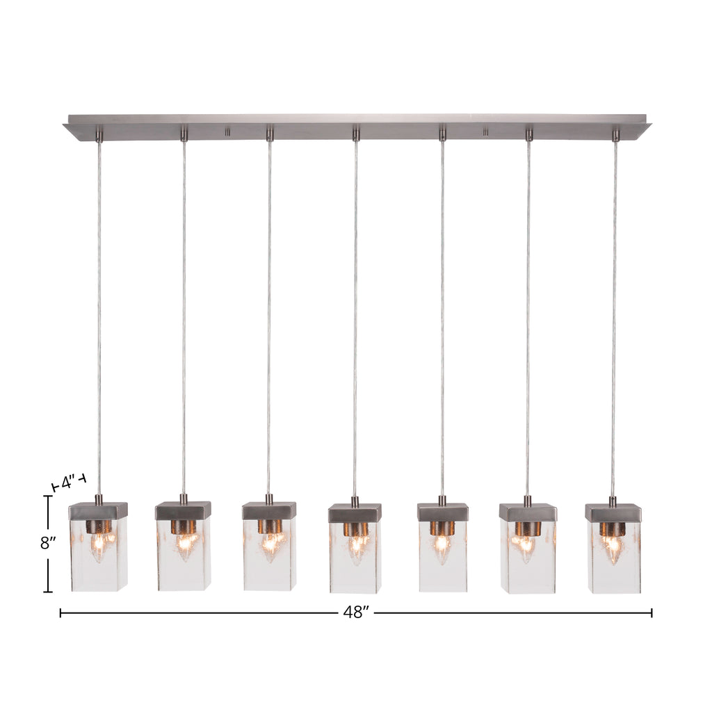 Nouvelle Seven Light Linear Pendalier in Graphite with 4" Square Clear Bubble Shade