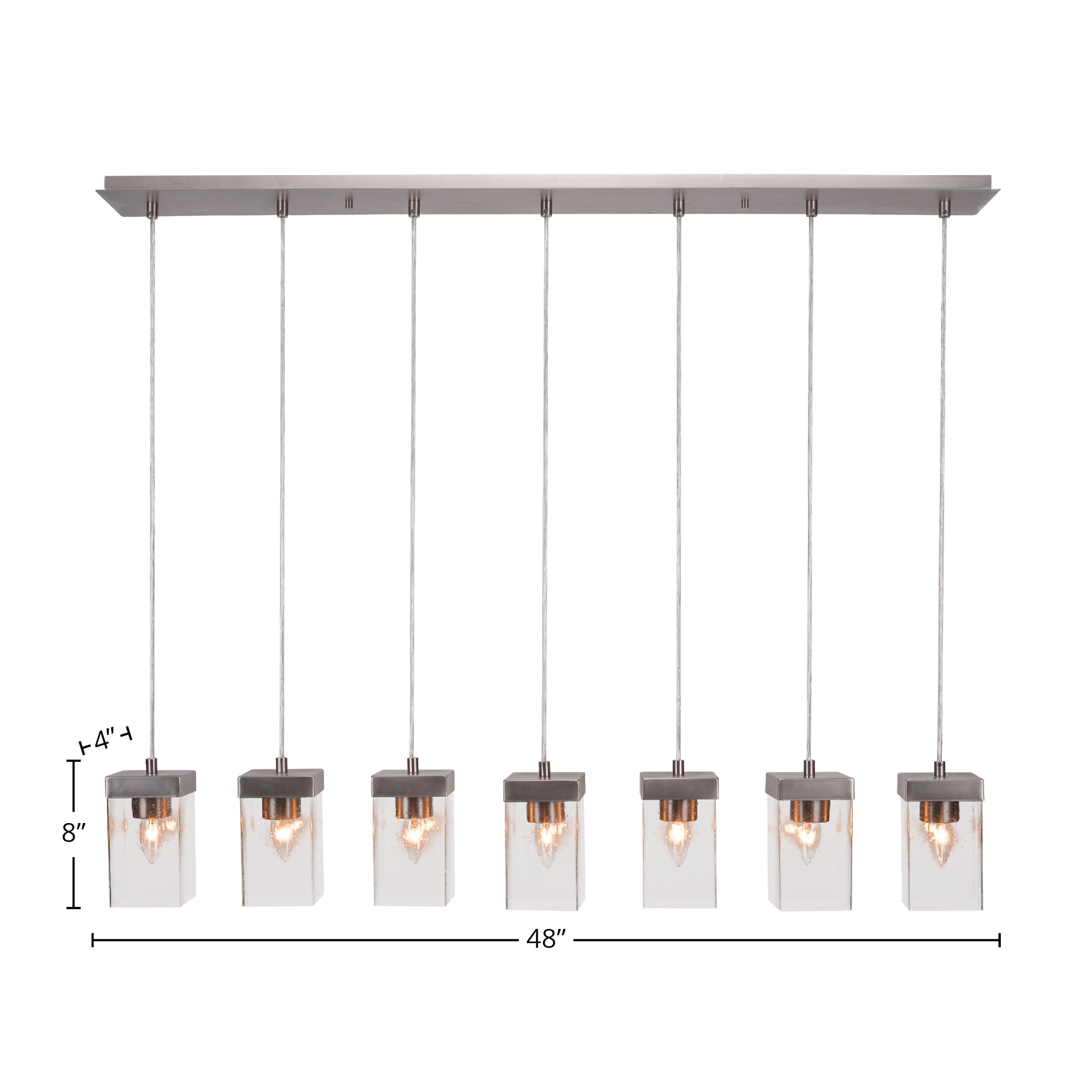 Nouvelle Seven Light Linear Pendalier in Graphite with 4" Square Clear Bubble Shade