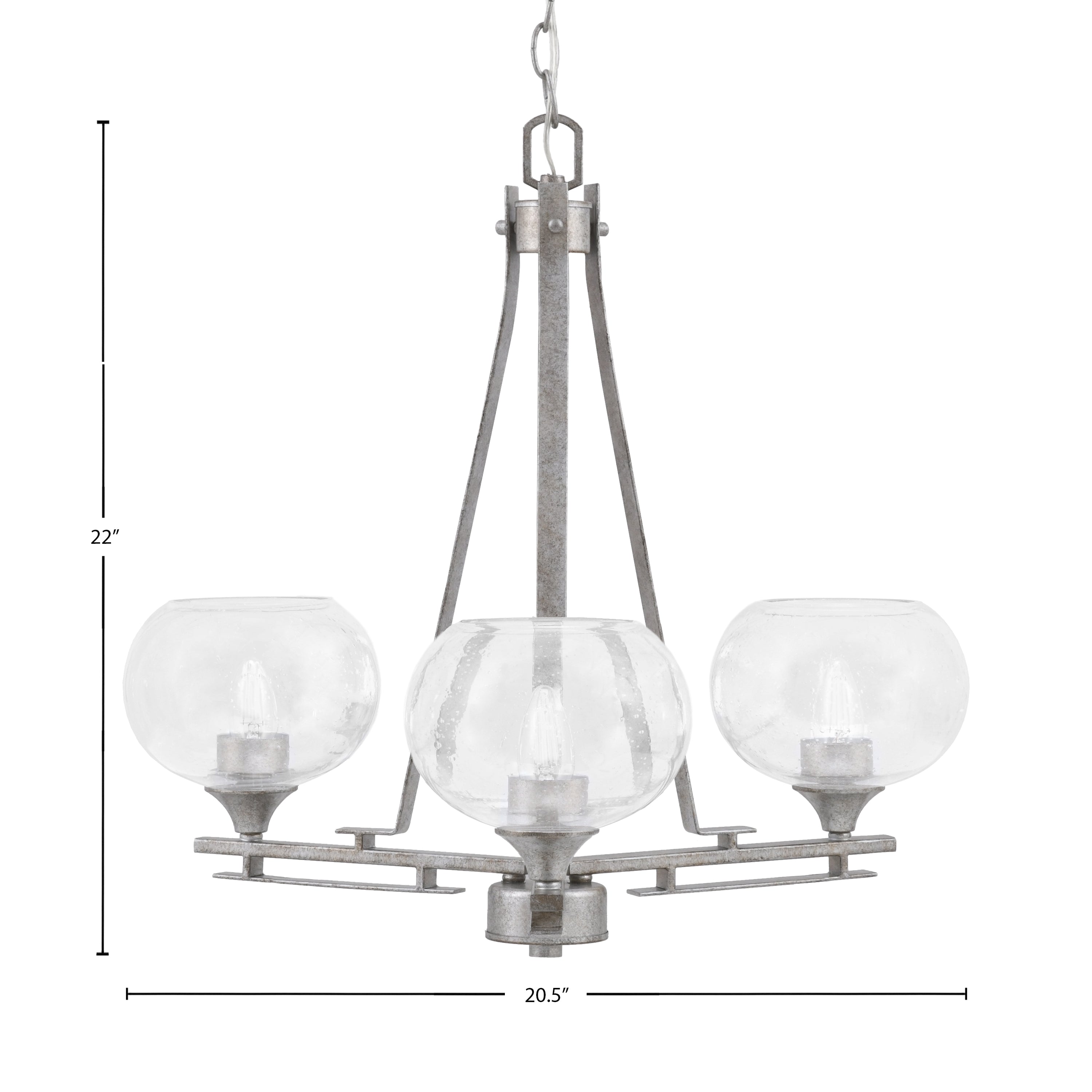 Uptowne Three Light Chandelier in Aged Silver with 7" Clear Bubble Shade