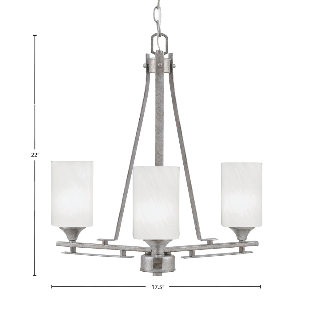 Uptowne Three Light Chandelier in Aged Silver with 4" White Marble Shade