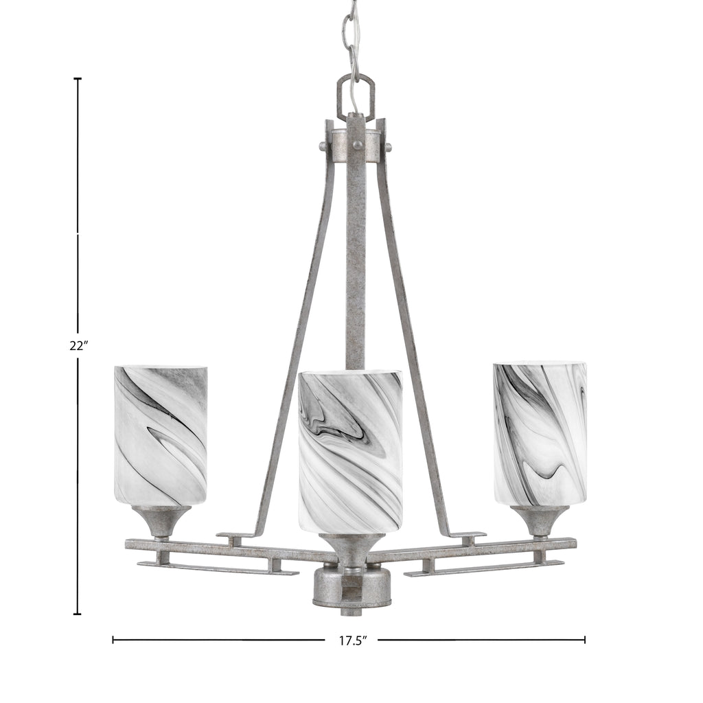 Uptowne Three Light Chandelier in Aged Silver with 4" Onyx Swirl Shade