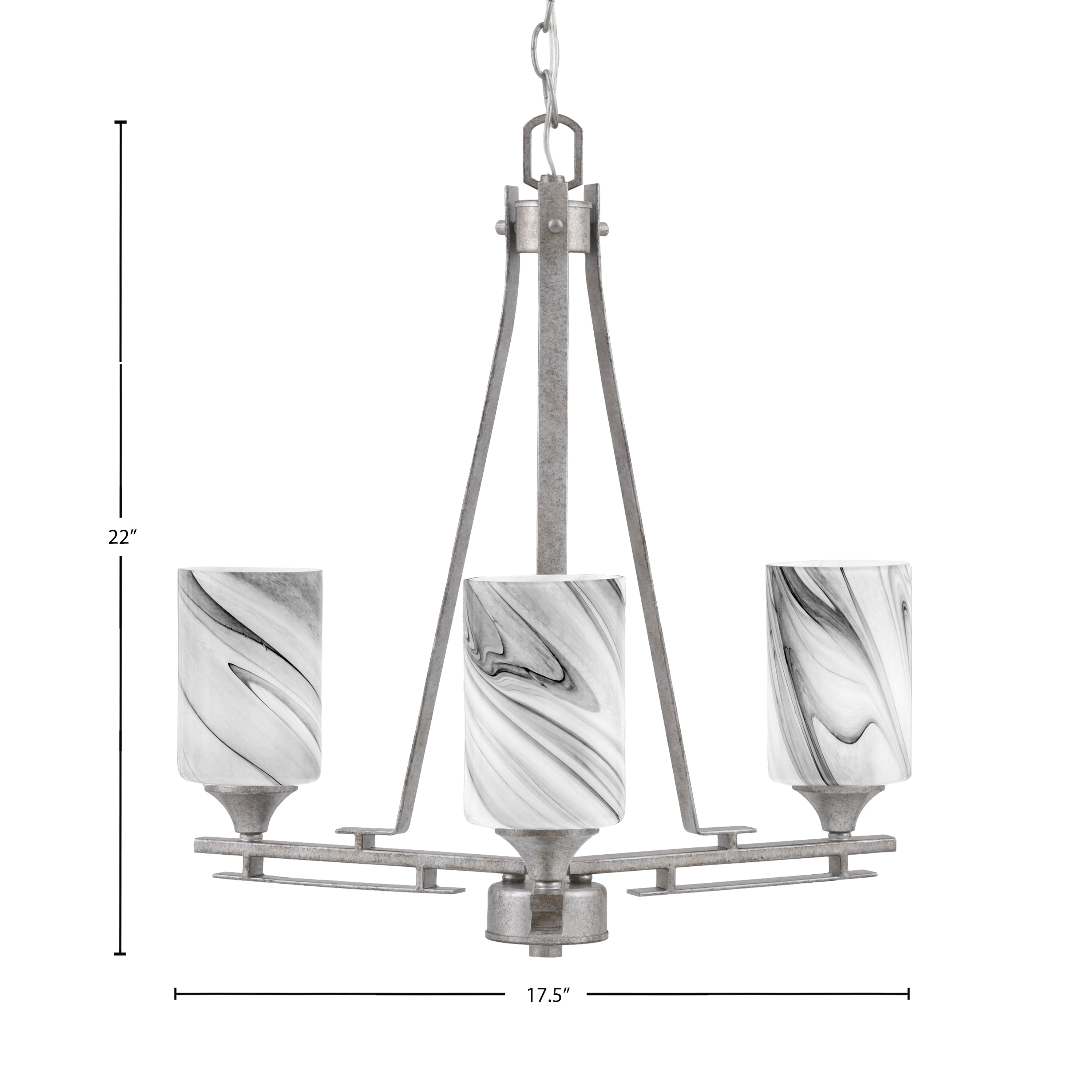 Uptowne Three Light Chandelier in Aged Silver with 4" Onyx Swirl Shade