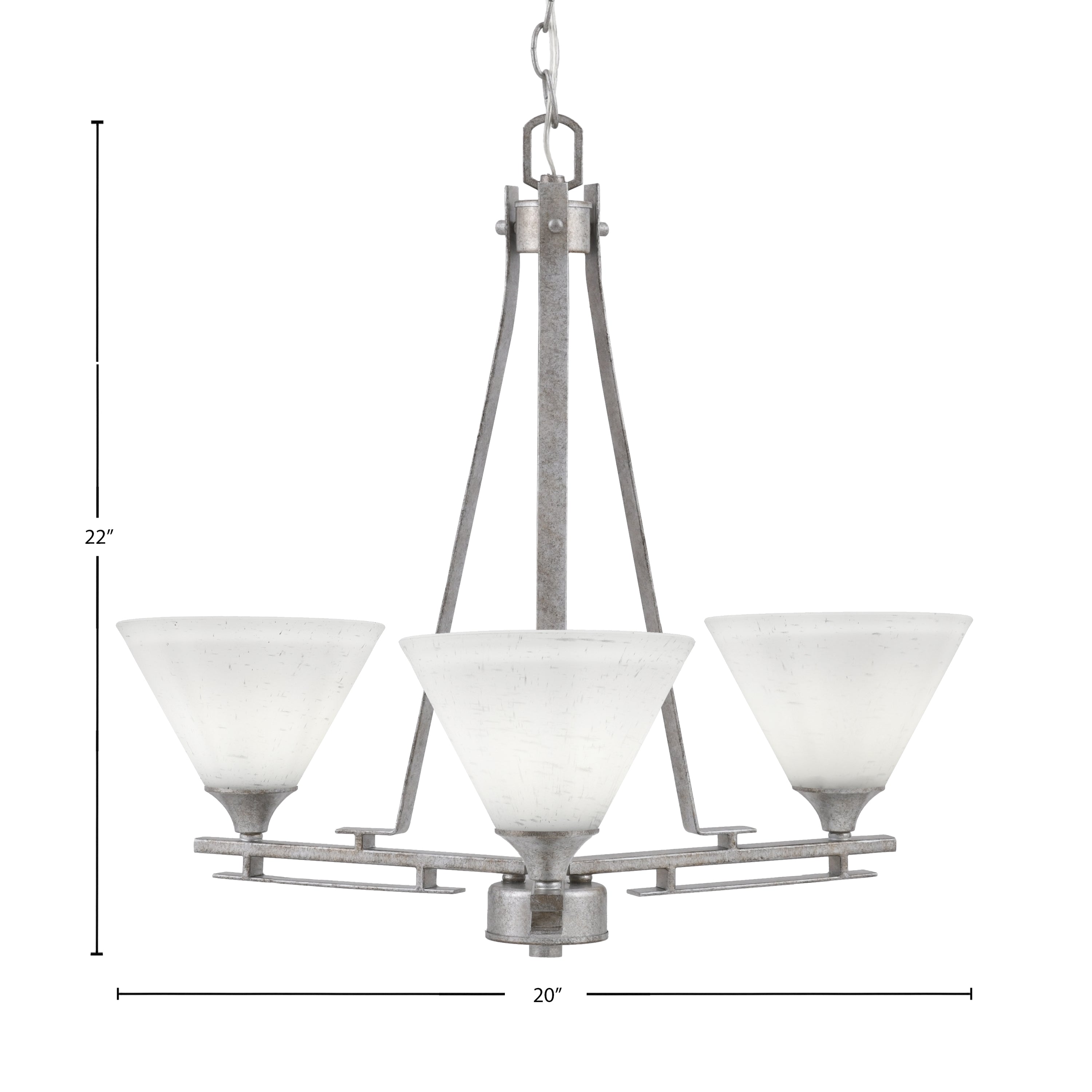 Uptowne Three Light Chandelier in Aged Silver with 7" White Muslin Shade