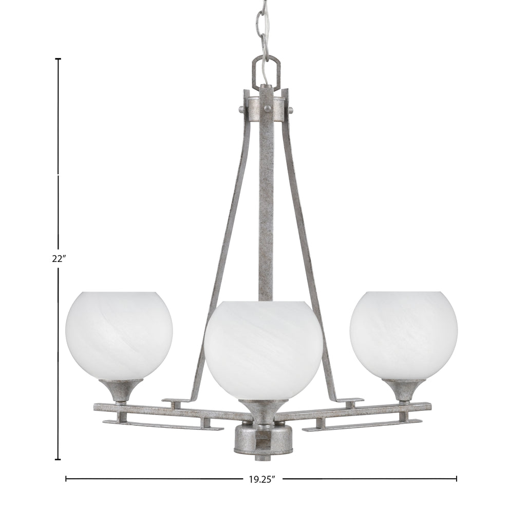 Uptowne Three Light Chandelier in Aged Silver with 5.75" White Marble Shade