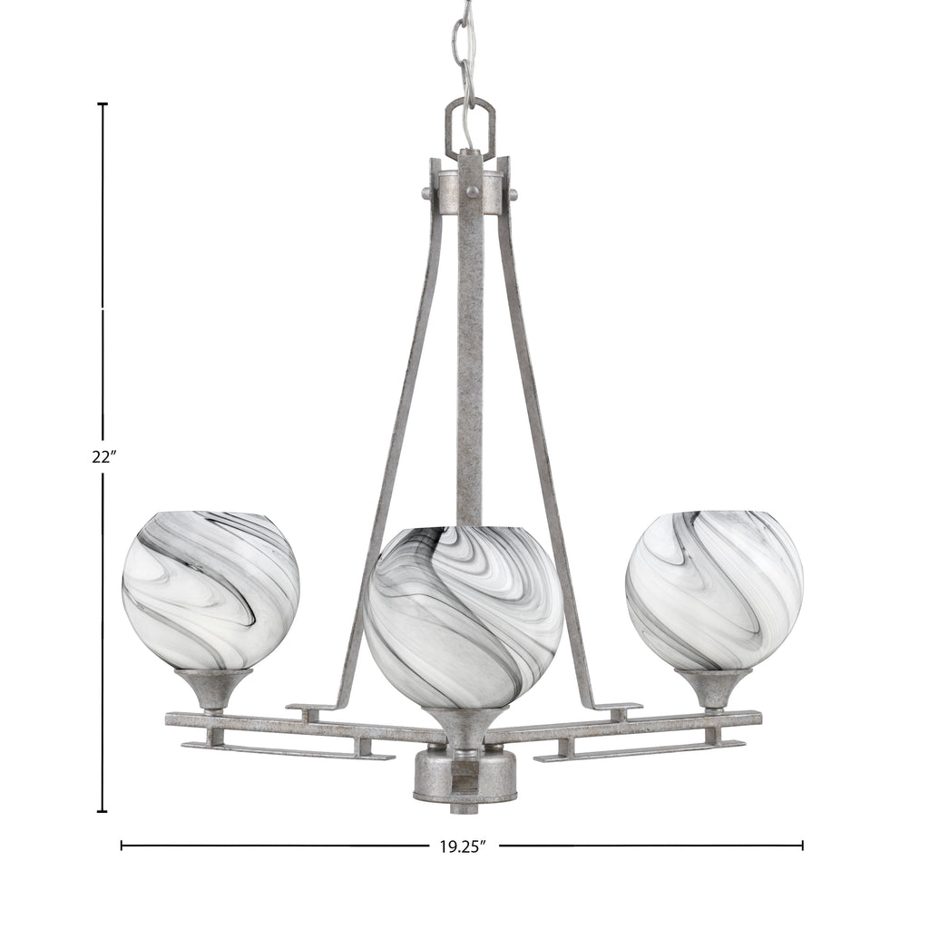 Uptowne Three Light Chandelier in Aged Silver with 5.75" Onyx Swirl Shade