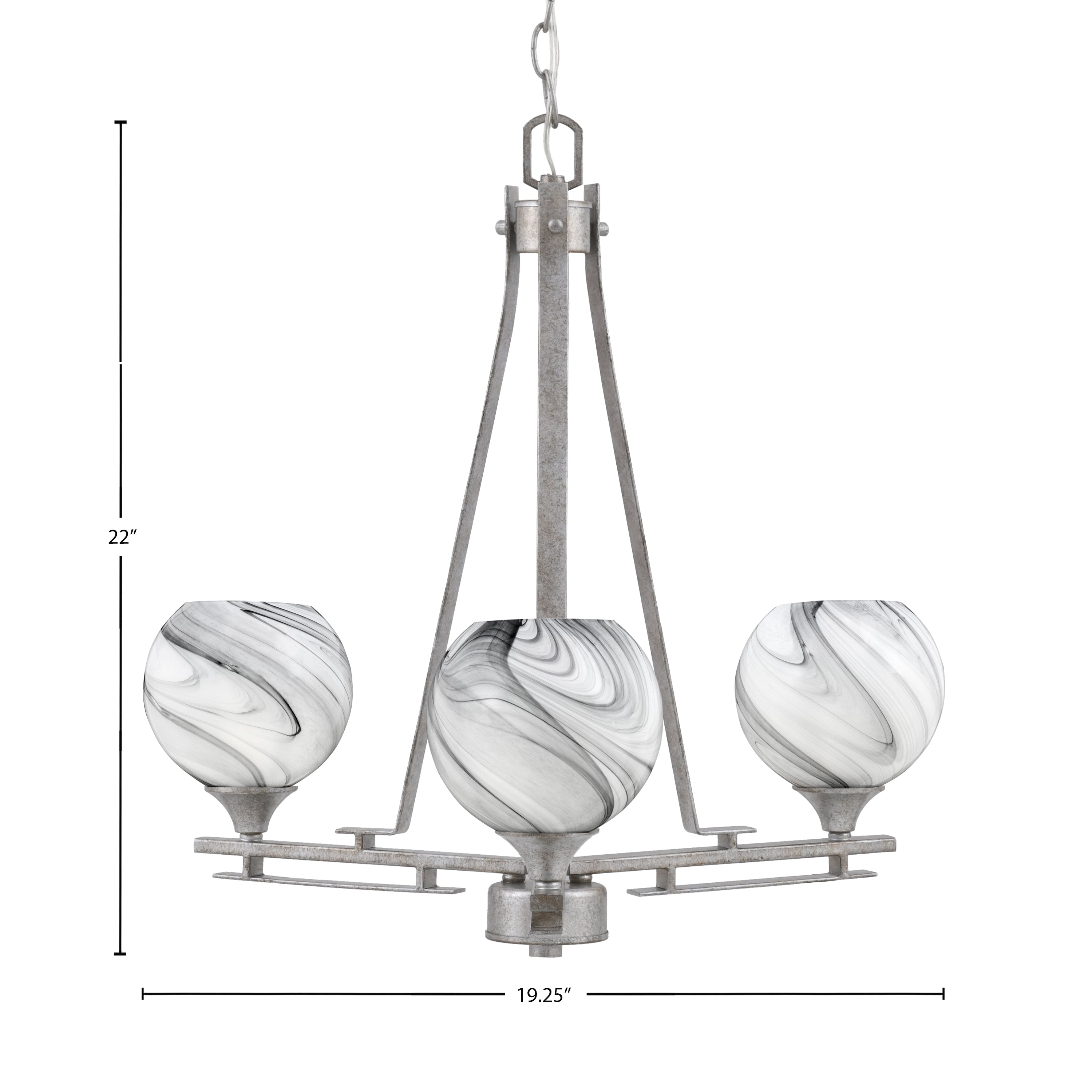 Uptowne Three Light Chandelier in Aged Silver with 5.75" Onyx Swirl Shade