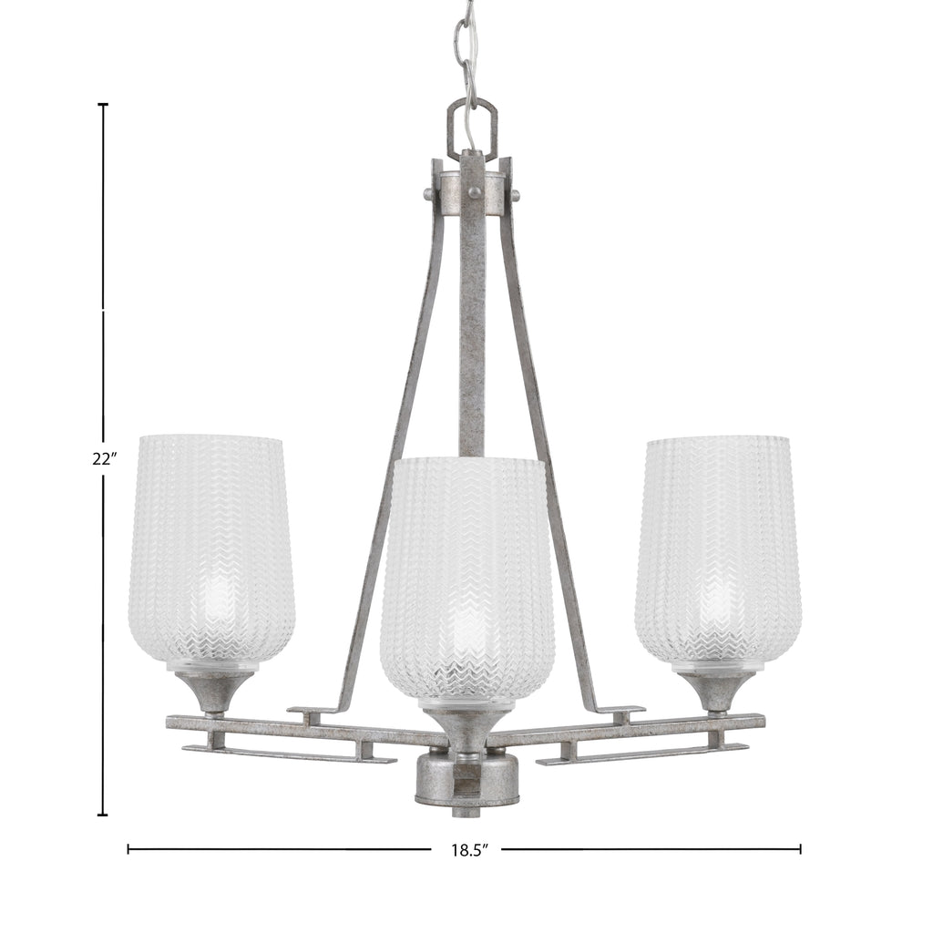 Uptowne Three Light Chandelier in Aged Silver with 5" Clear Textured Shade