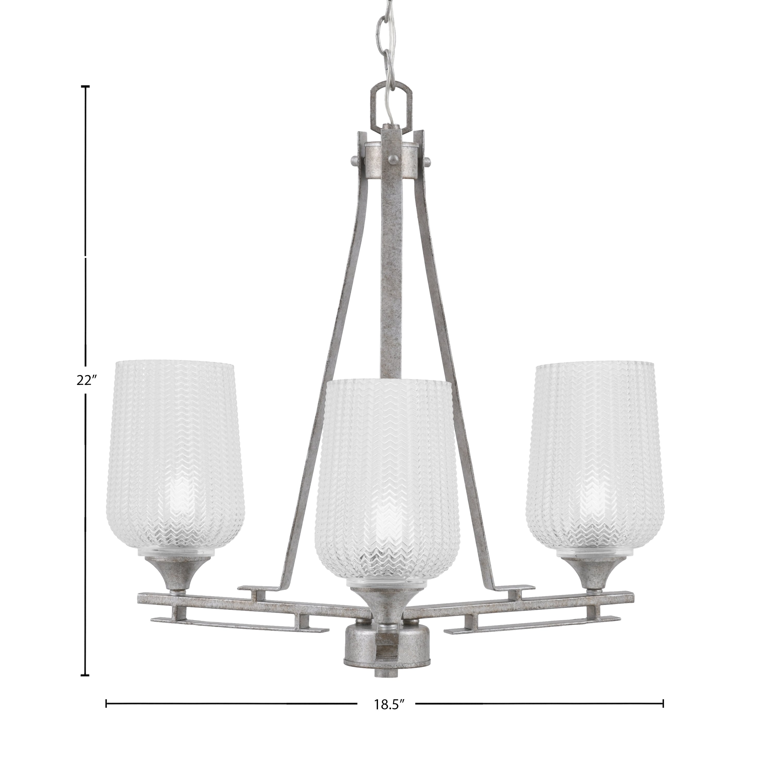 Uptowne Three Light Chandelier in Aged Silver with 5" Clear Textured Shade