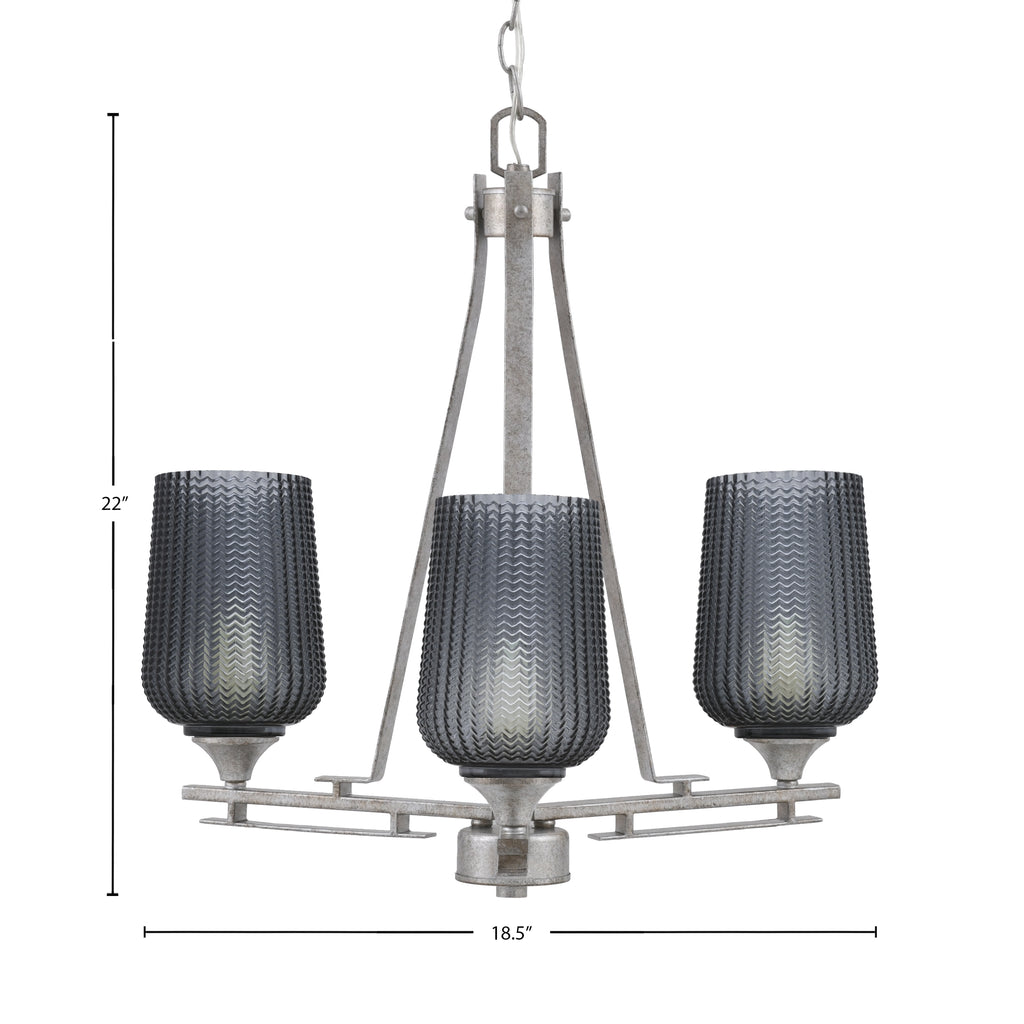 Uptowne Three Light Chandelier in Aged Silver with 5" Smoke Textured Shade